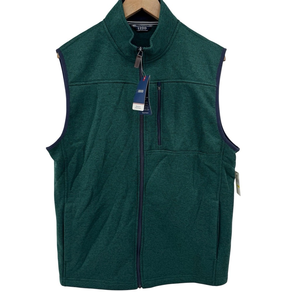 NEW‎ IZOD Mens Medium Jacket Vest Green Fleece Full Zip Pockets Lightweight Logo